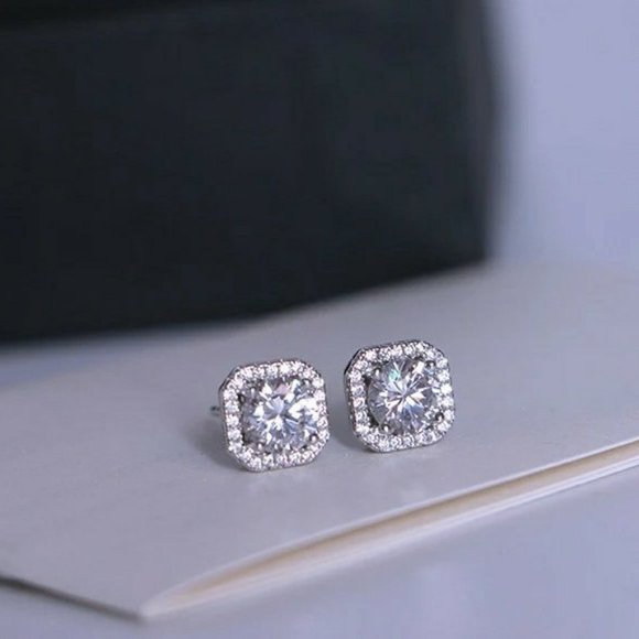 NEW 925 Silver Round Diamond Halo Stud Earrings - Picture 9 of 10